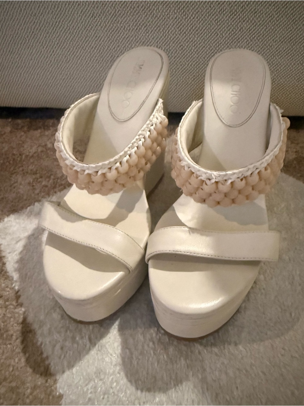 Jimmy Choo Cream Beaded Platform Sandals